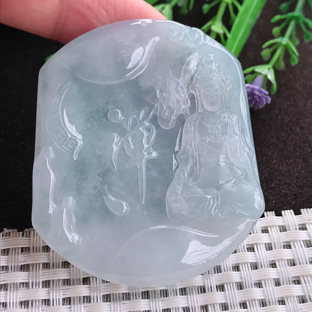实拍A货翡翠57.2/49.5/5.5老坑冰透果冻胶白冰赐福观音吊坠翡翠玉牌挂件
