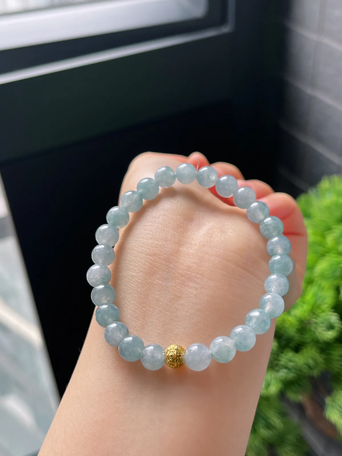 【星河系列】足金核桃珠配冰蓝翡翠珠串7mm