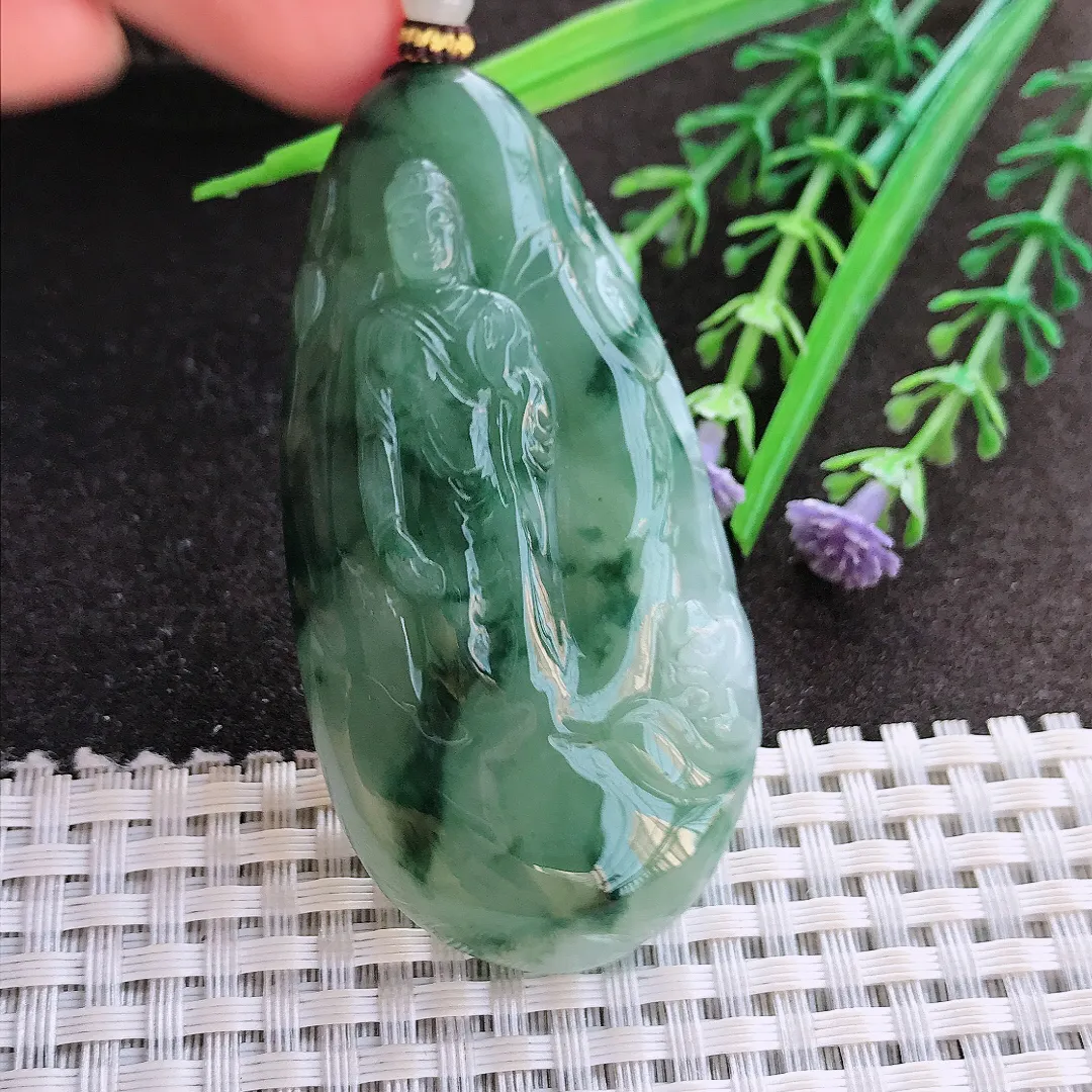 实拍A货翡翠65/33.8/9.5老坑冰胶水灵飘花阿弥陀佛吊坠翡翠玉牌挂件