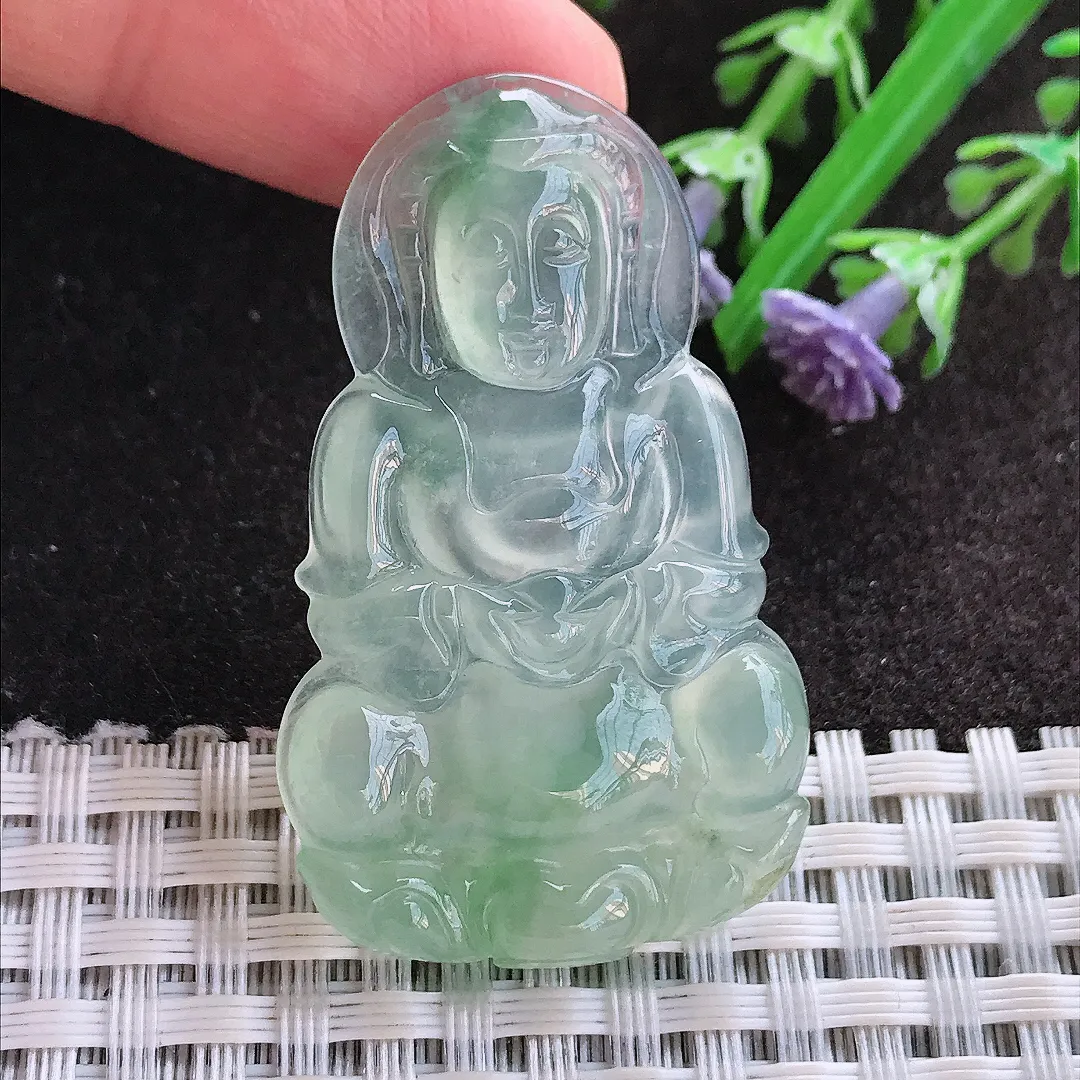 实拍A货翡翠44.6/27.3/4.4老坑冰种起胶冰晴绿小观音吊坠翡翠玉牌挂件