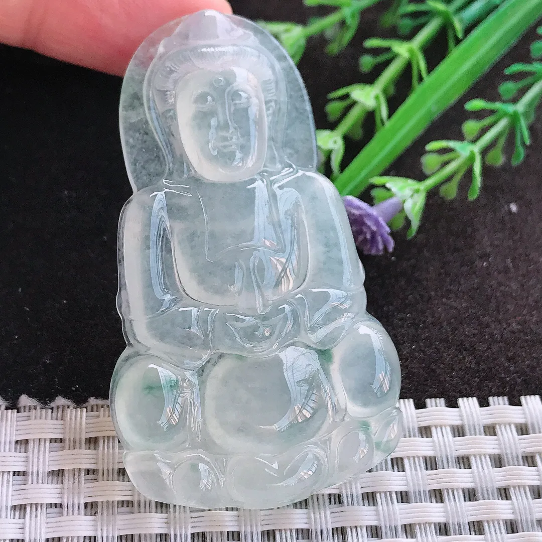 实拍A货翡翠60.5/35.5/6.4老坑冰种起钢正装观音吊坠翡翠玉观音挂件