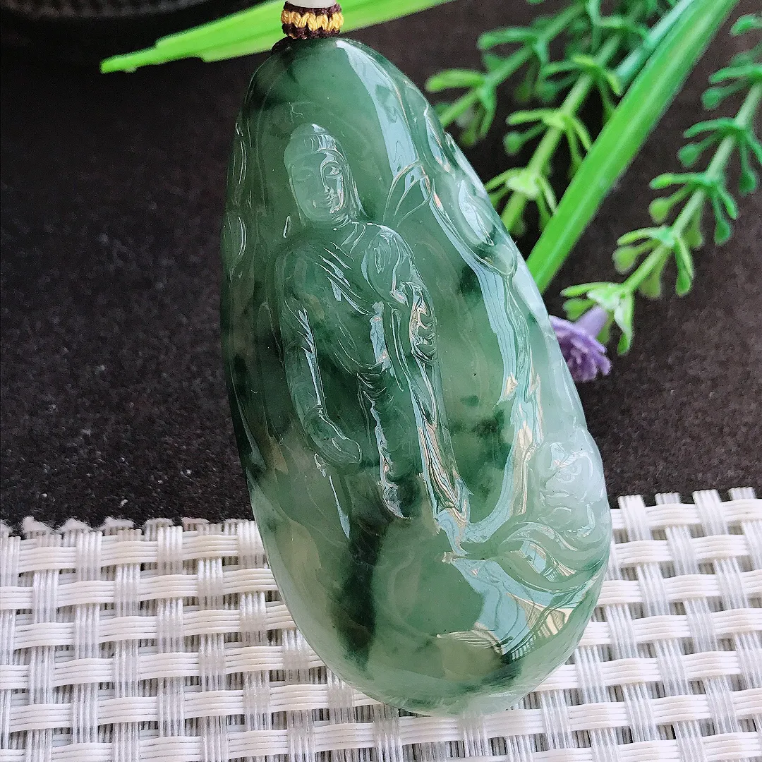 实拍A货翡翠65/33.8/9.5老坑冰胶水灵飘花阿弥陀佛吊坠翡翠玉牌挂件