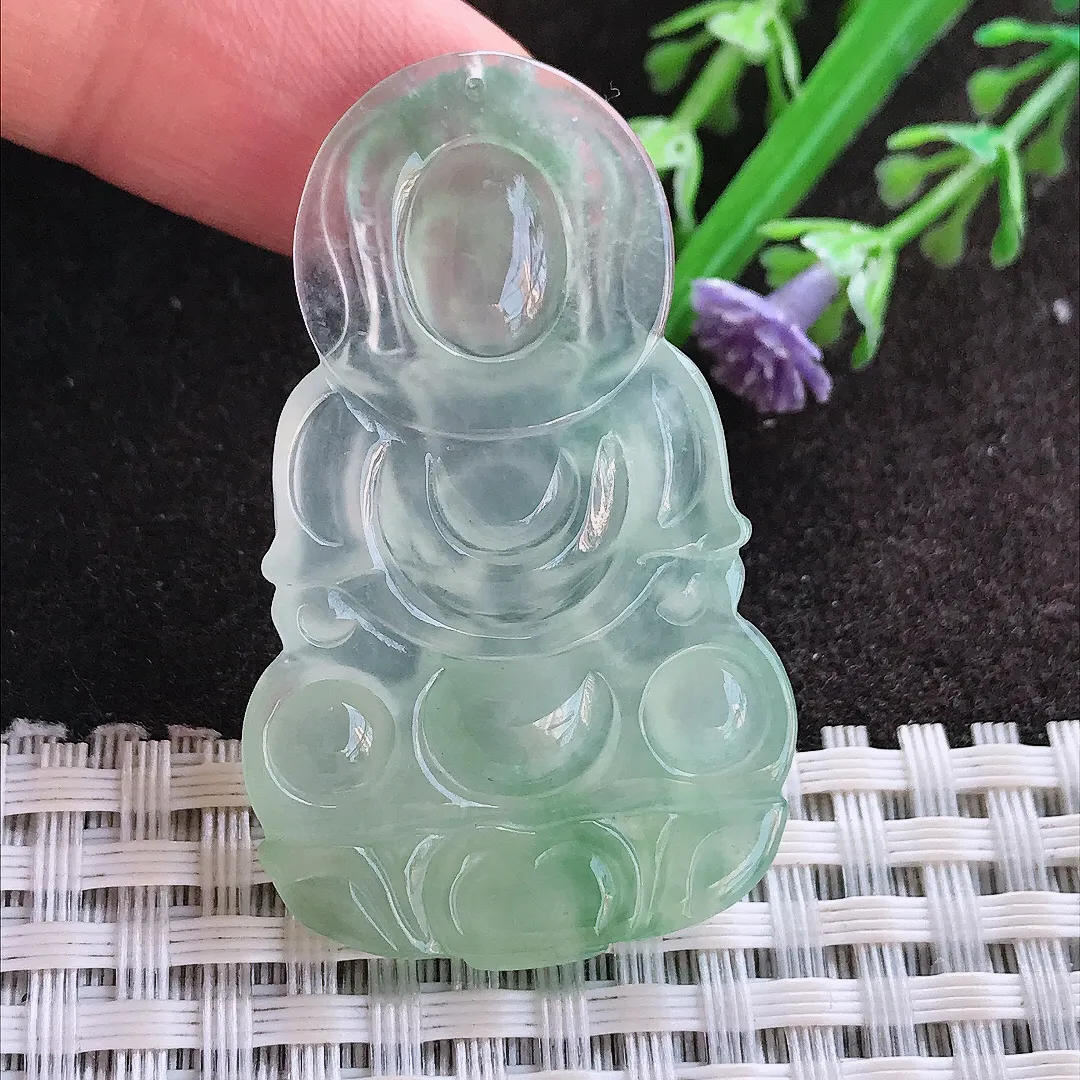 实拍A货翡翠44.6/27.3/4.4老坑冰种起胶冰晴绿小观音吊坠翡翠玉牌挂件