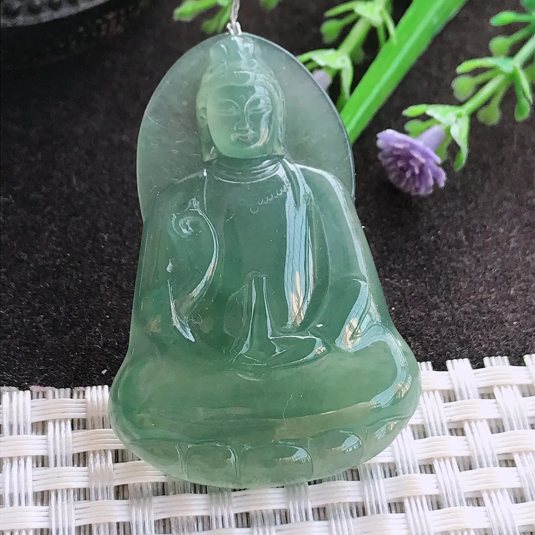 实拍A货翡翠49/34/5.6老坑冰胶果冻满色蓝韵素衣观音吊坠翡翠玉牌挂件