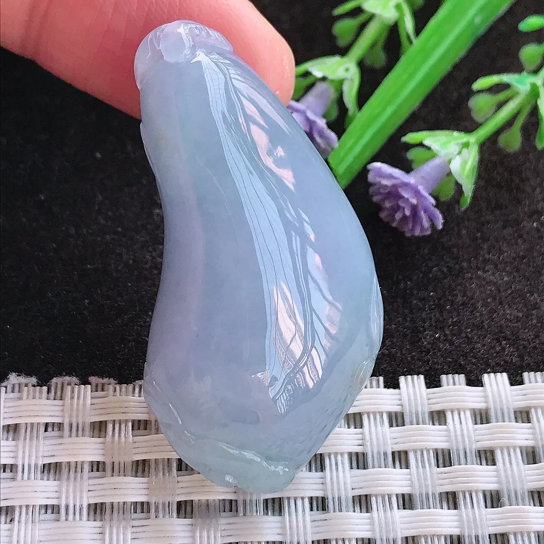 实拍A货翡翠43.5/22/10.8老坑冰润起胶浓艳紫罗兰福瓜吊坠翡翠玉牌挂件
