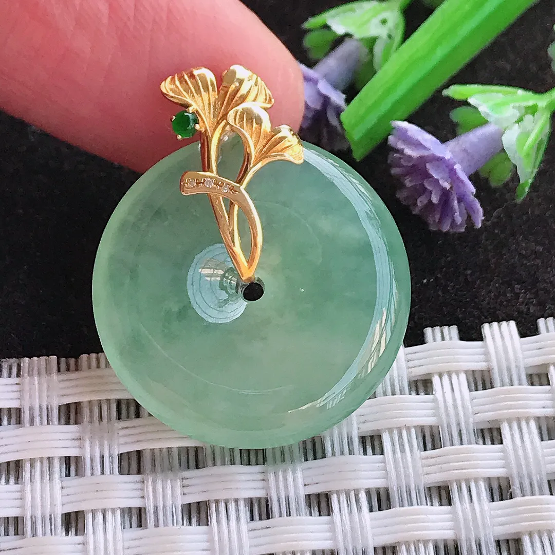 实拍A货翡翠22/4.6老坑18k金镶嵌冰晴甜绿色平安扣吊坠翡翠玉扣挂件