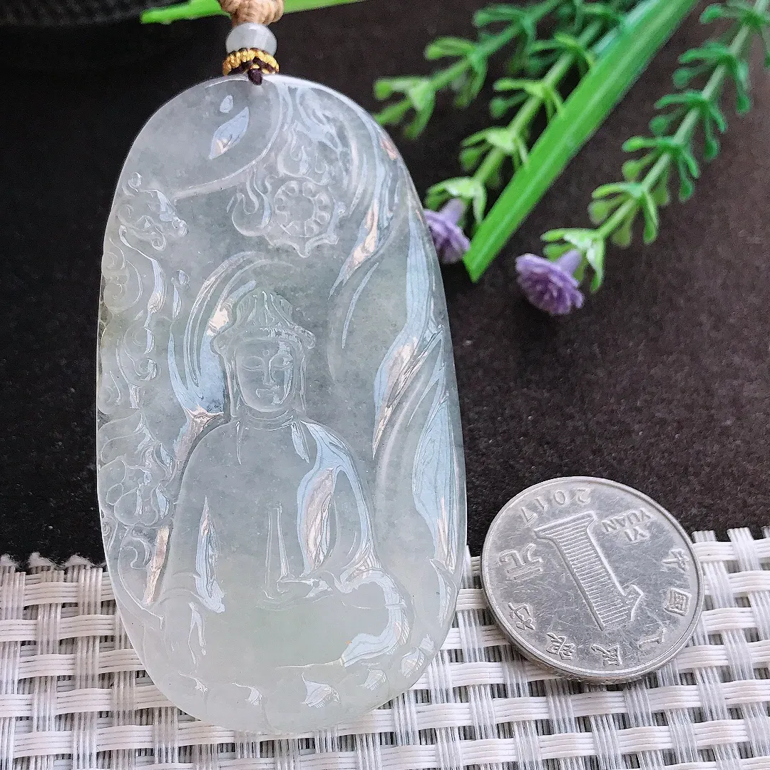 实拍A货翡翠69/38/5.5老坑冰种起胶赐福观音吊坠翡翠玉牌挂件