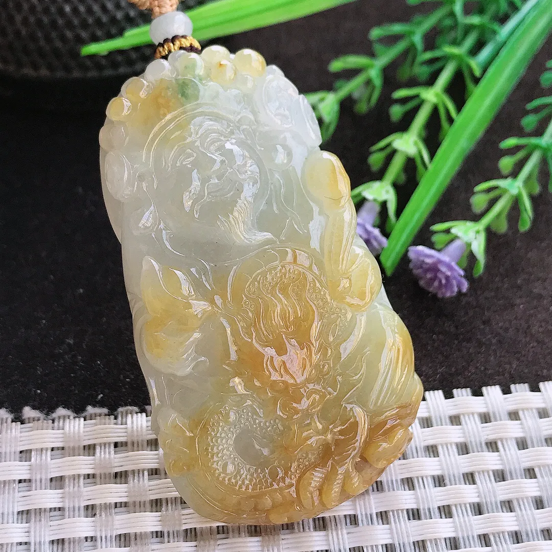 实拍A货翡翠59/35/12老坑精美冰润飘黄翡财神爷吊坠翡翠玉牌挂件