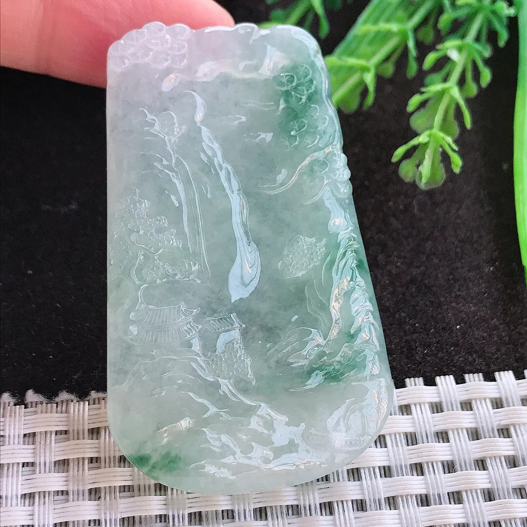 实拍A货翡翠59.3/36.5/5.6老坑冰胶果冻冰飘花山水牌吊坠翡翠玉牌挂件