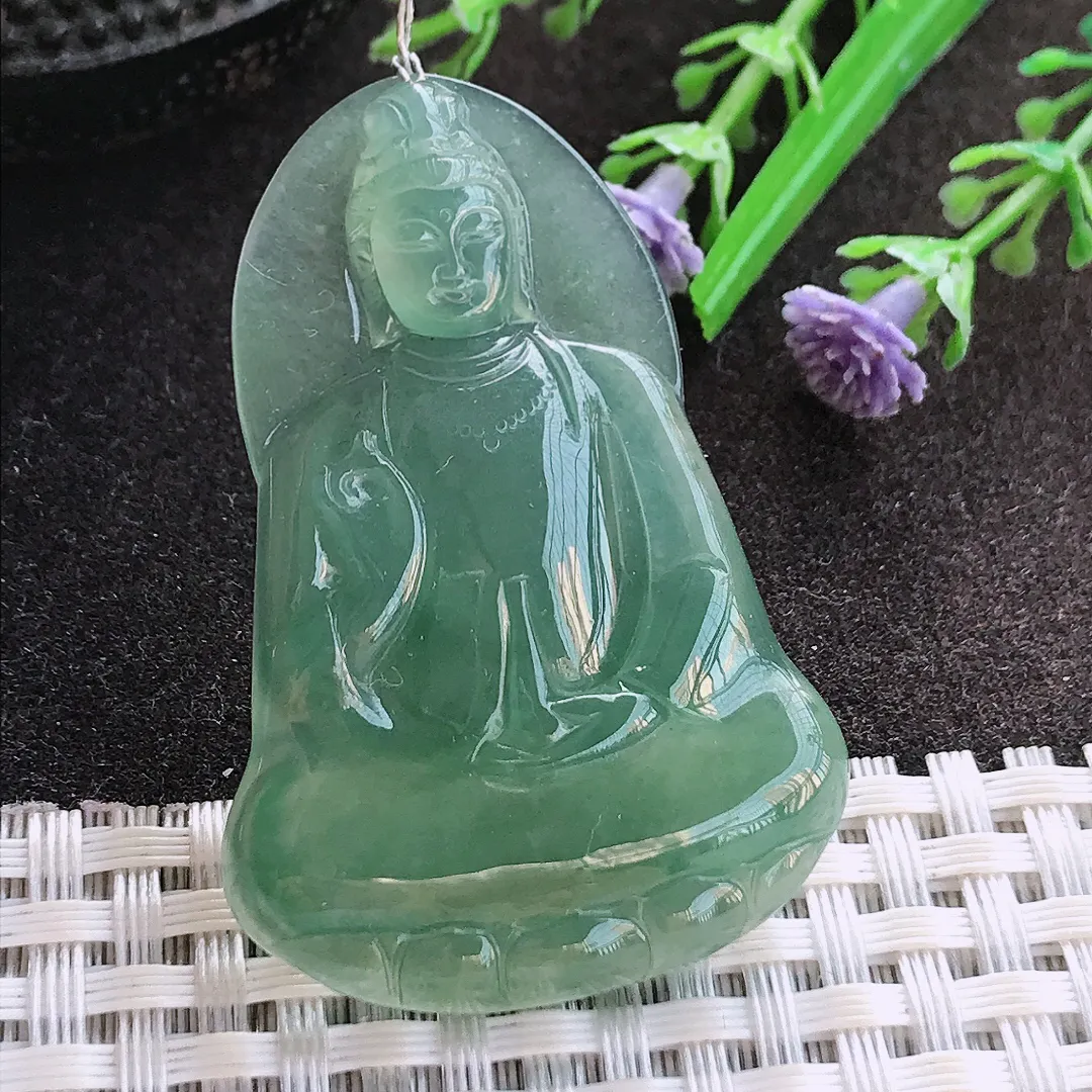 实拍A货翡翠49/34/5.6老坑冰胶果冻满色蓝韵素衣观音吊坠翡翠玉牌挂件