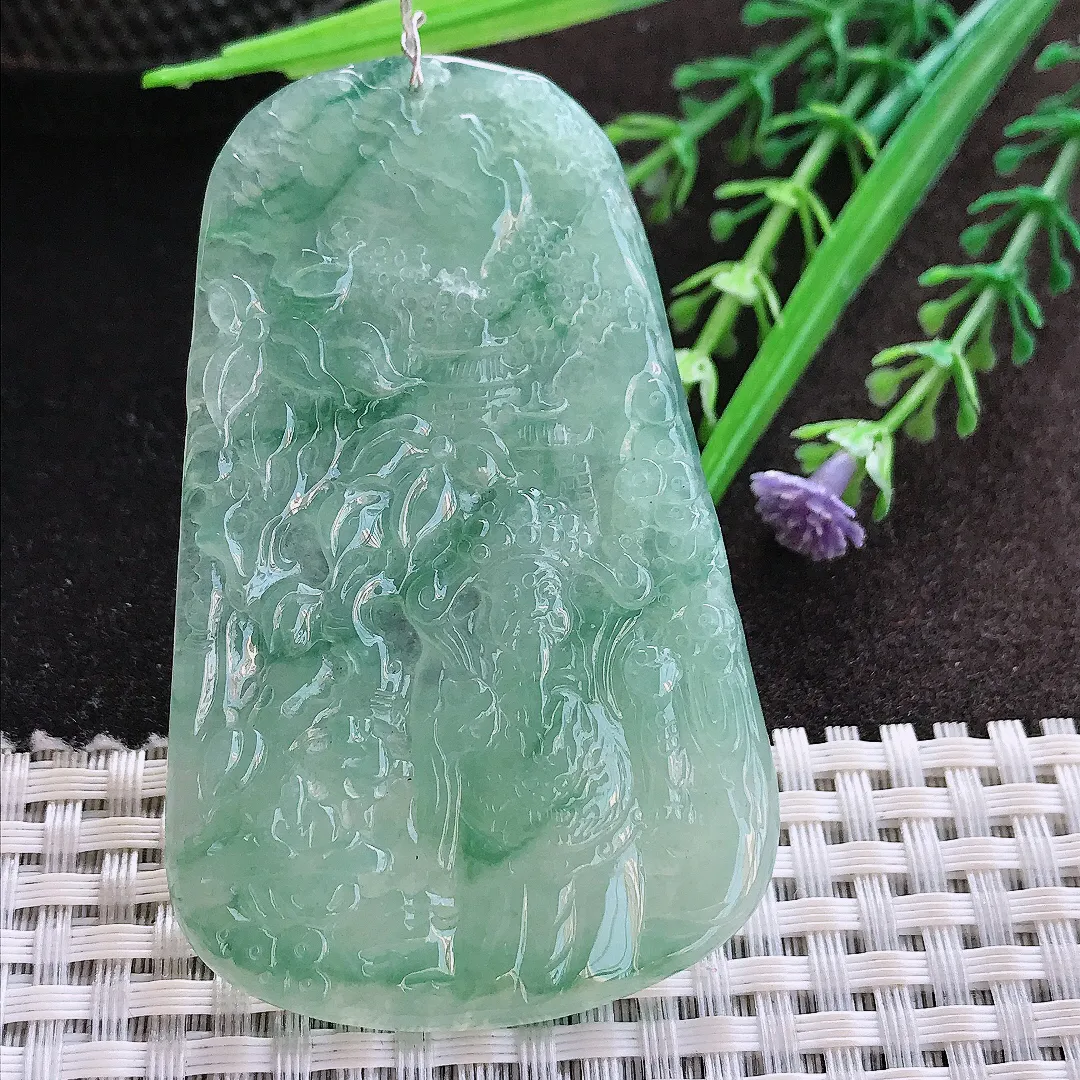 实拍A货翡翠67/42/4.8老坑冰胶水灵冰晴满绿财神爷吊坠翡翠玉牌挂件