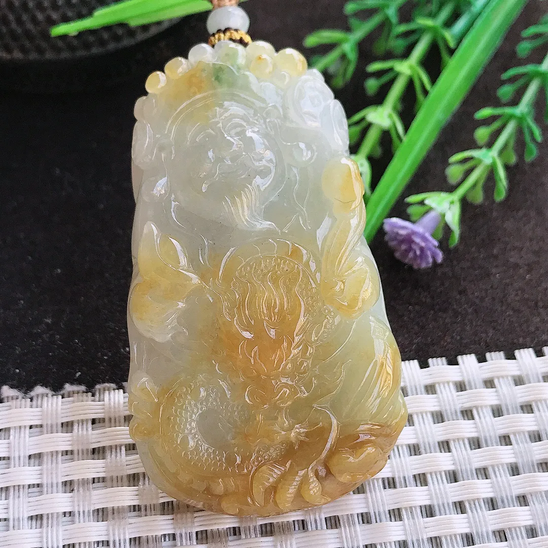 实拍A货翡翠59/35/12老坑精美冰润飘黄翡财神爷吊坠翡翠玉牌挂件