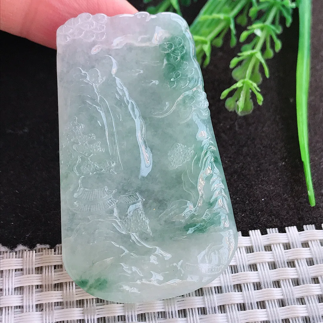 实拍A货翡翠59.3/36.5/5.6老坑冰胶果冻冰飘花山水牌吊坠翡翠玉牌挂件