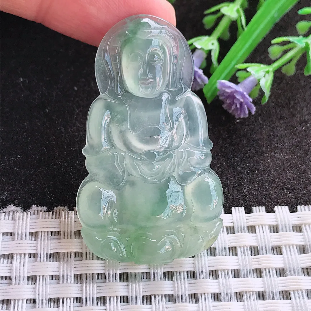 实拍A货翡翠44.6/27.3/4.4老坑冰种起胶冰晴绿小观音吊坠翡翠玉牌挂件