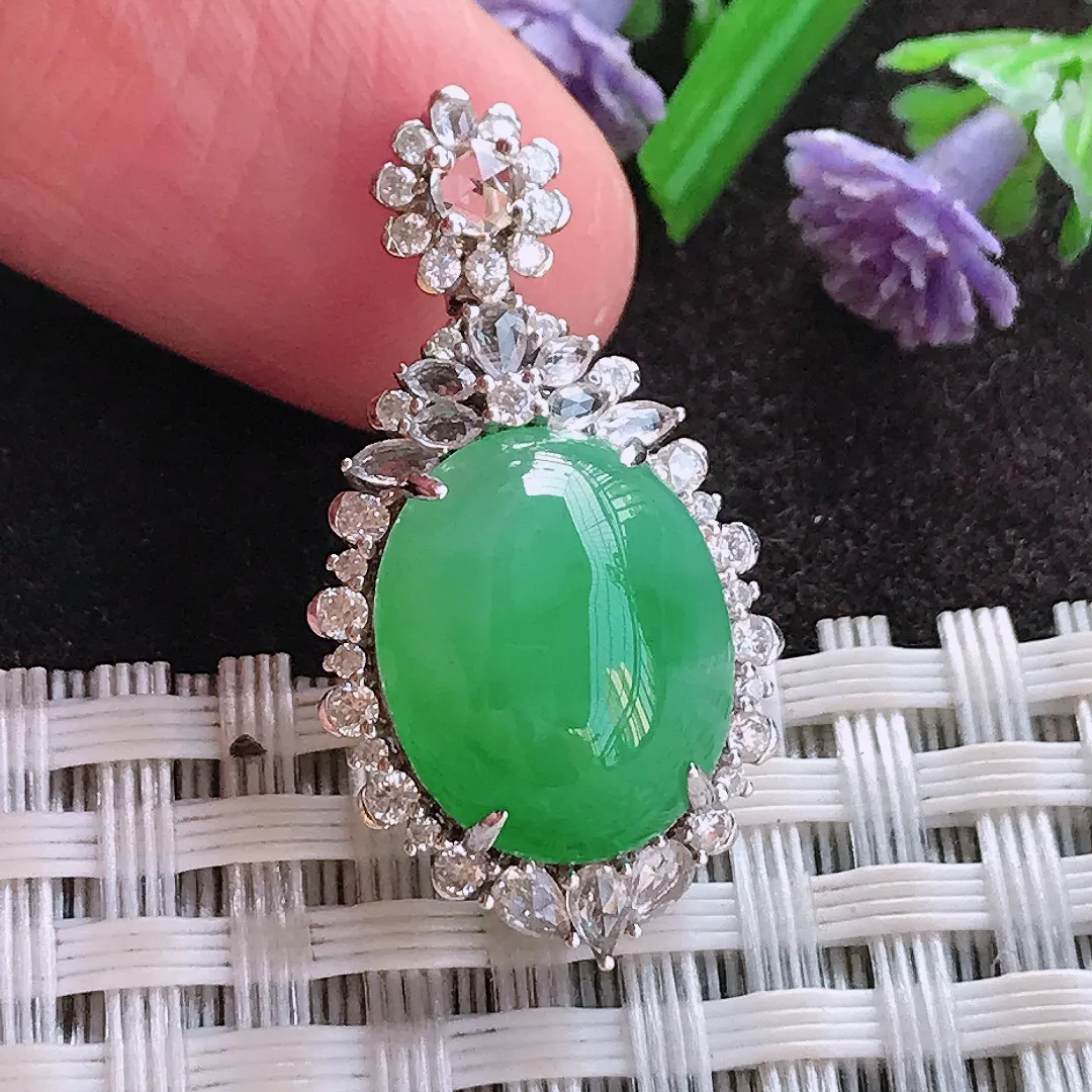 实拍A货翡翠29/15.3/9.3老坑18k金镶嵌冰阳绿蛋面吊坠翡翠玉坠挂件