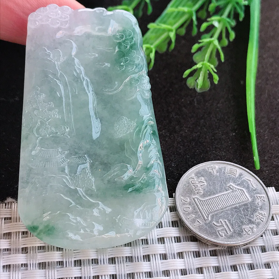 实拍A货翡翠59.3/36.5/5.6老坑冰胶果冻冰飘花山水牌吊坠翡翠玉牌挂件
