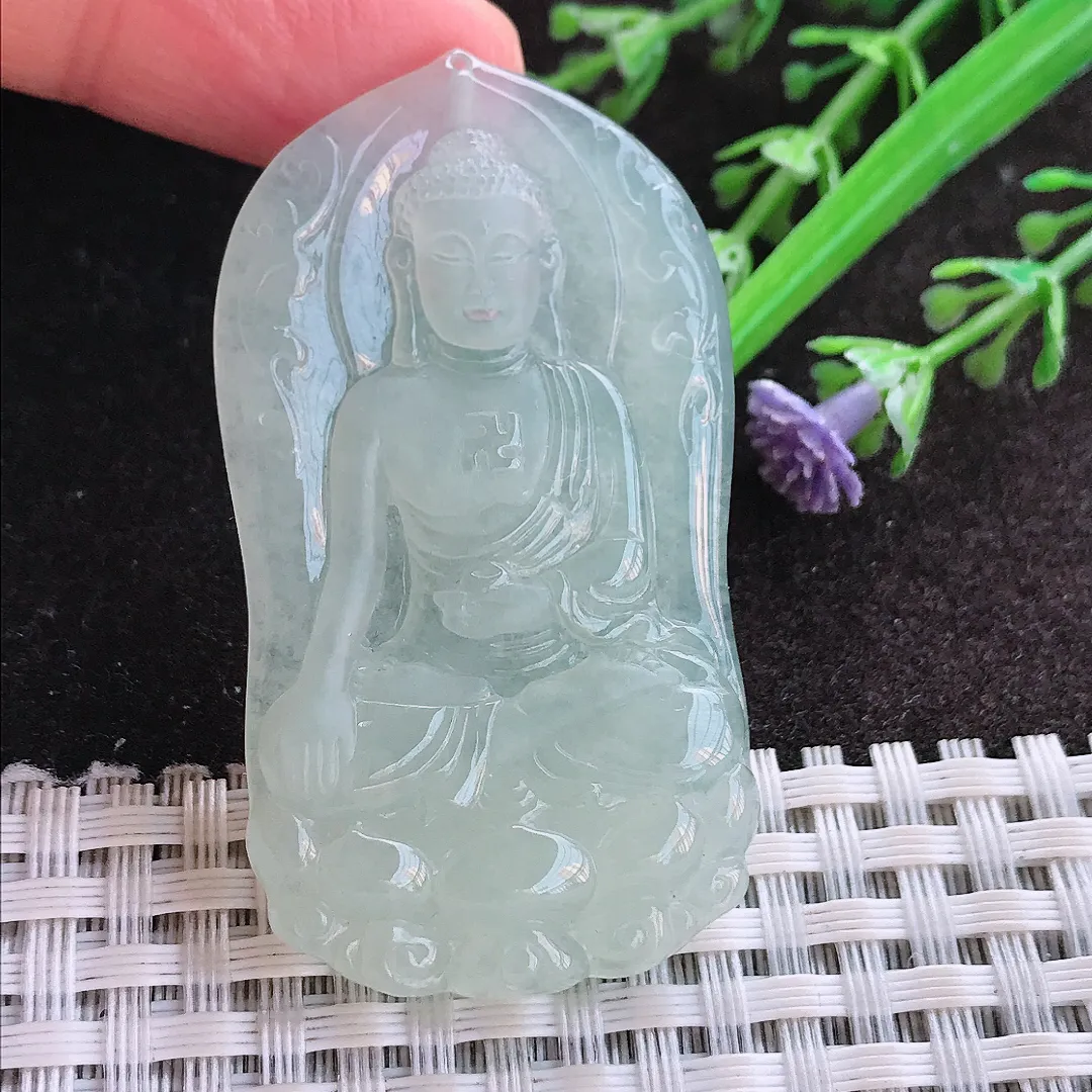 实拍A货翡翠52.2/29.6/5.6老坑冰胶果冻冰晴阿弥陀佛吊坠翡翠玉牌挂件