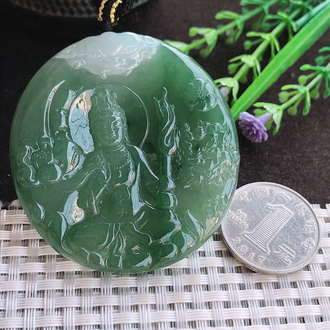 实拍A货翡翠54/5.6老坑冰胶果冻特色双彩虚空藏菩萨吊坠翡翠玉牌挂件