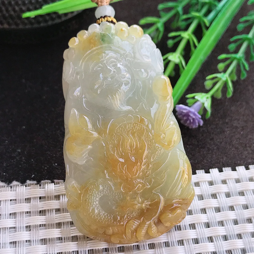 实拍A货翡翠59/35/12老坑精美冰润飘黄翡财神爷吊坠翡翠玉牌挂件