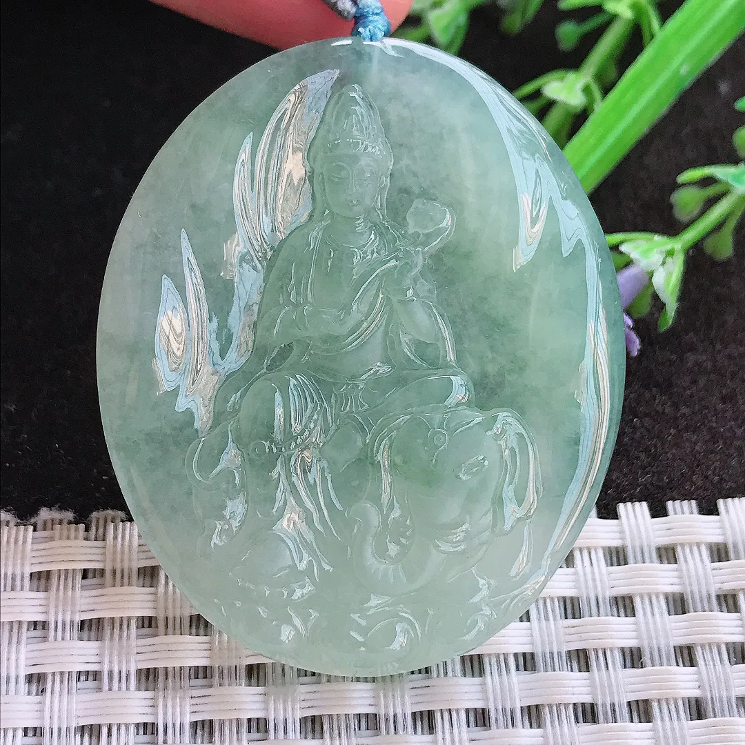 实拍A货翡翠47.8/39.8/5.5老坑冰胶果冻冰晴甜绿普贤菩萨吊坠翡翠玉牌挂件