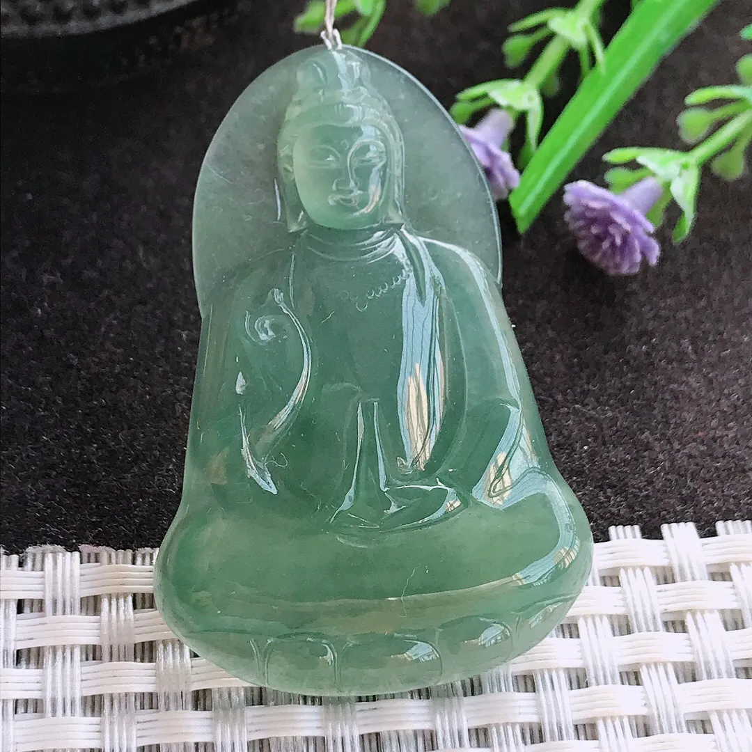实拍A货翡翠49/34/5.6老坑冰胶果冻满色蓝韵素衣观音吊坠翡翠玉牌挂件