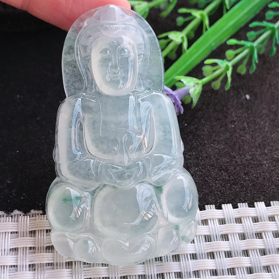 实拍A货翡翠60.5/35.5/6.4老坑冰种起钢正装观音吊坠翡翠玉观音挂件