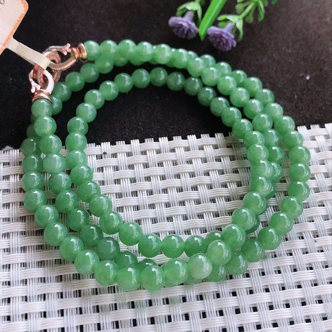 实拍A货翡翠5.7/106颗老坑精美满绿圆珠项链翡翠玉珠