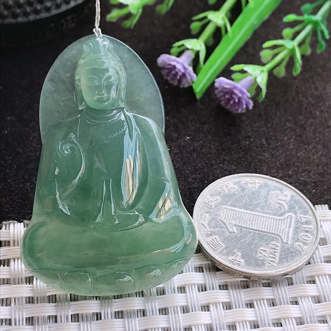 实拍A货翡翠49/34/5.6老坑冰胶果冻满色蓝韵素衣观音吊坠翡翠玉牌挂件