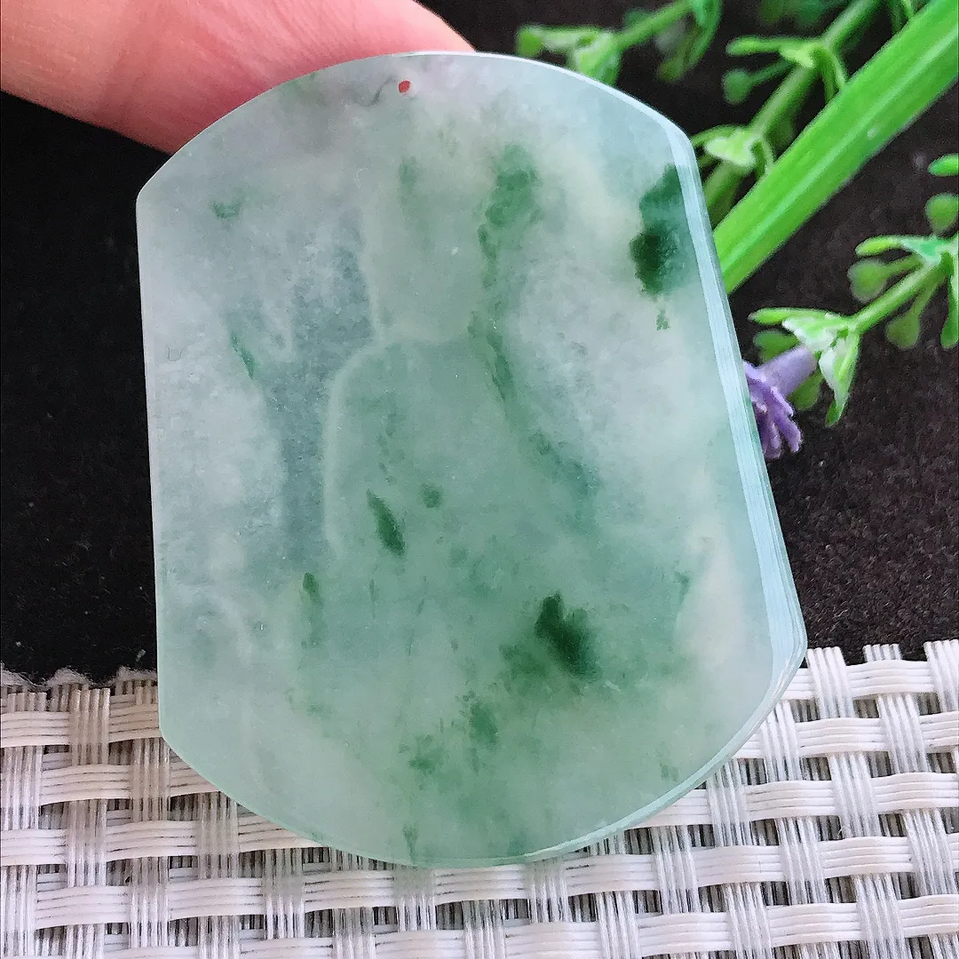 实拍A货翡翠52/41.7/5.6老坑冰胶水灵冰飘花阿弥陀佛吊坠翡翠玉牌挂件