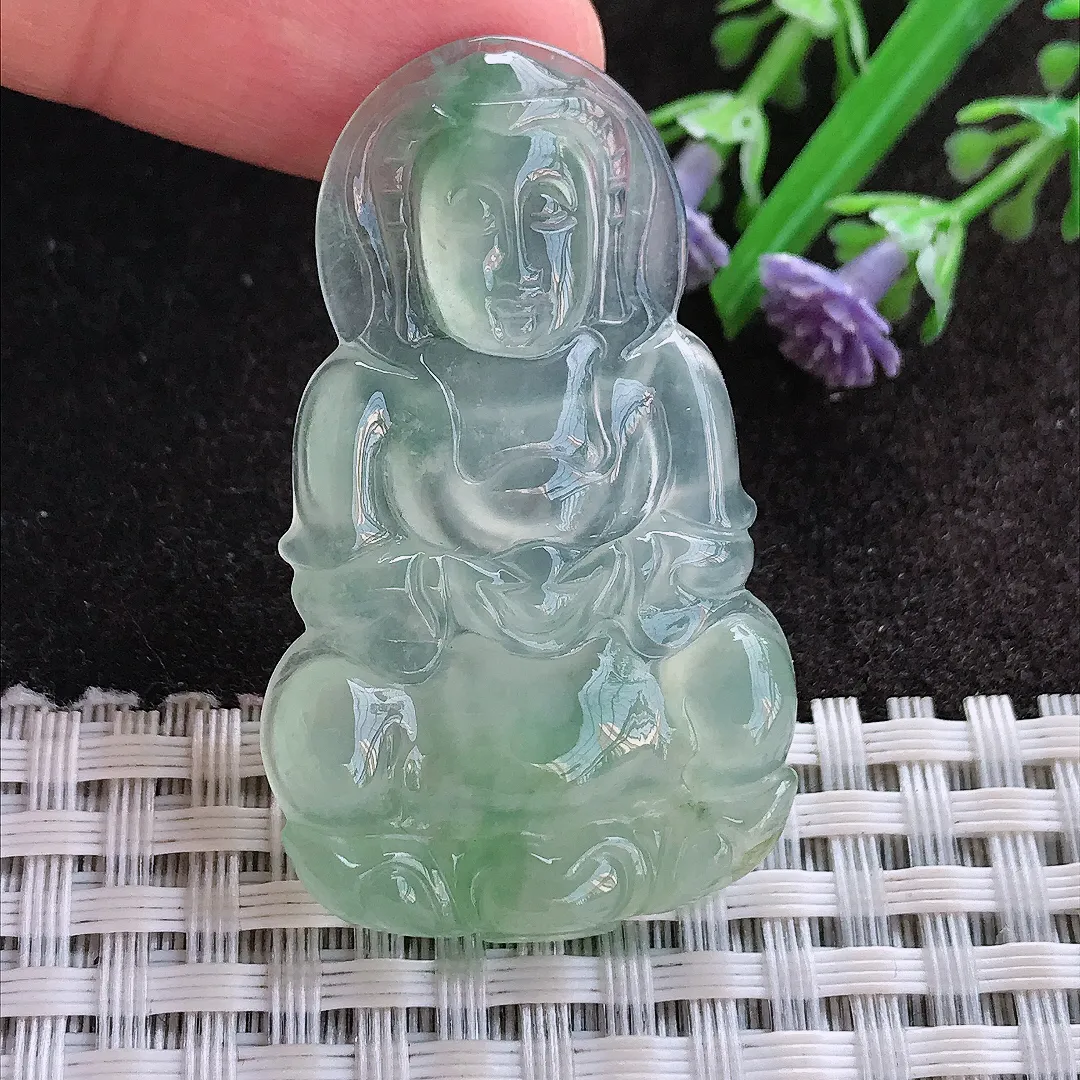实拍A货翡翠44.6/27.3/4.4老坑冰种起胶冰晴绿小观音吊坠翡翠玉牌挂件