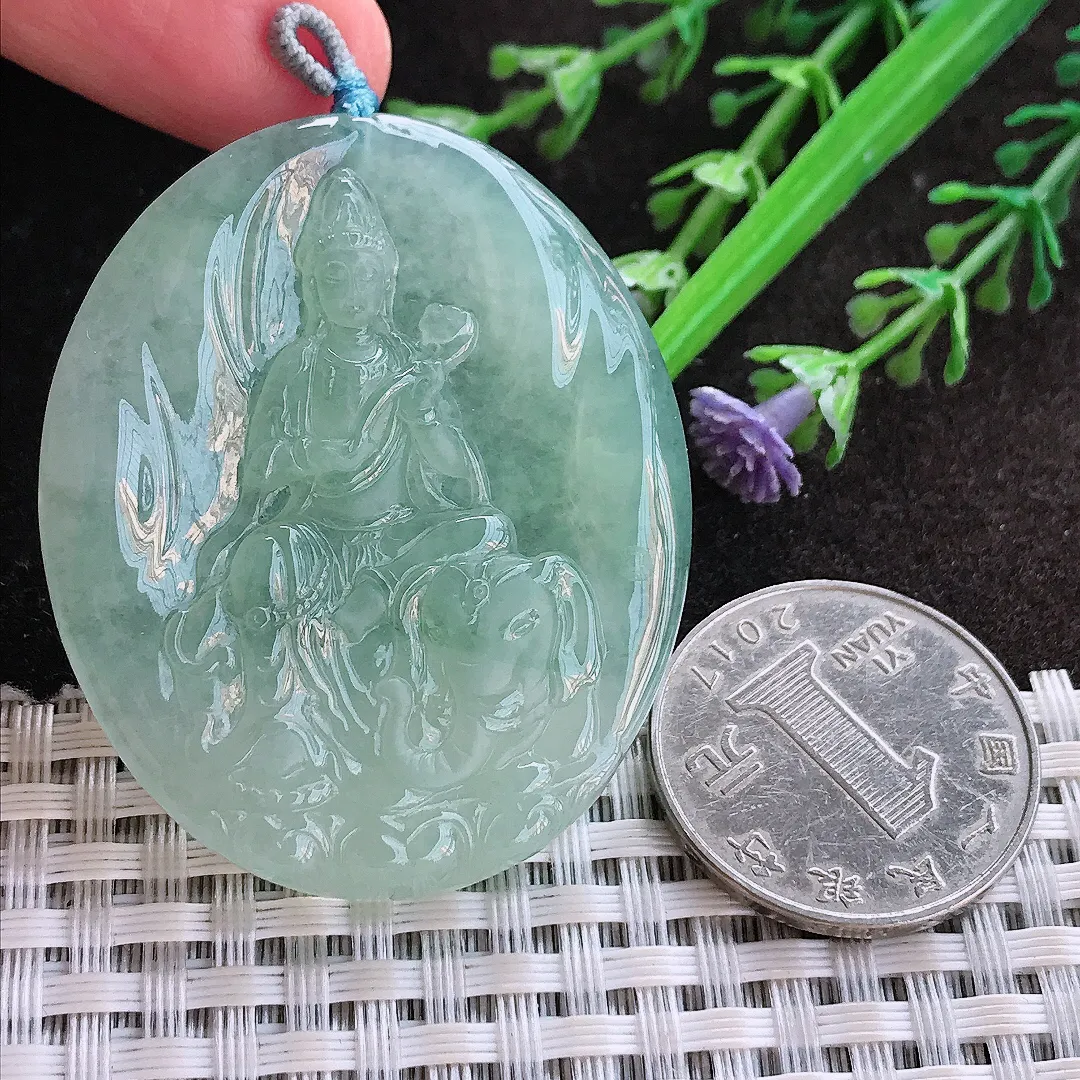 实拍A货翡翠47.8/39.8/5.5老坑冰胶果冻冰晴甜绿普贤菩萨吊坠翡翠玉牌挂件
