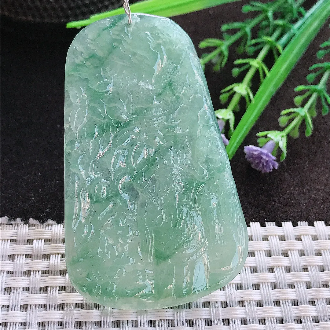 实拍A货翡翠67/42/4.8老坑冰胶水灵冰晴满绿财神爷吊坠翡翠玉牌挂件