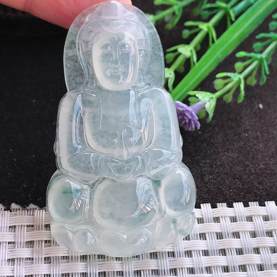 实拍A货翡翠60.5/35.5/6.4老坑冰种起钢正装观音吊坠翡翠玉观音挂件