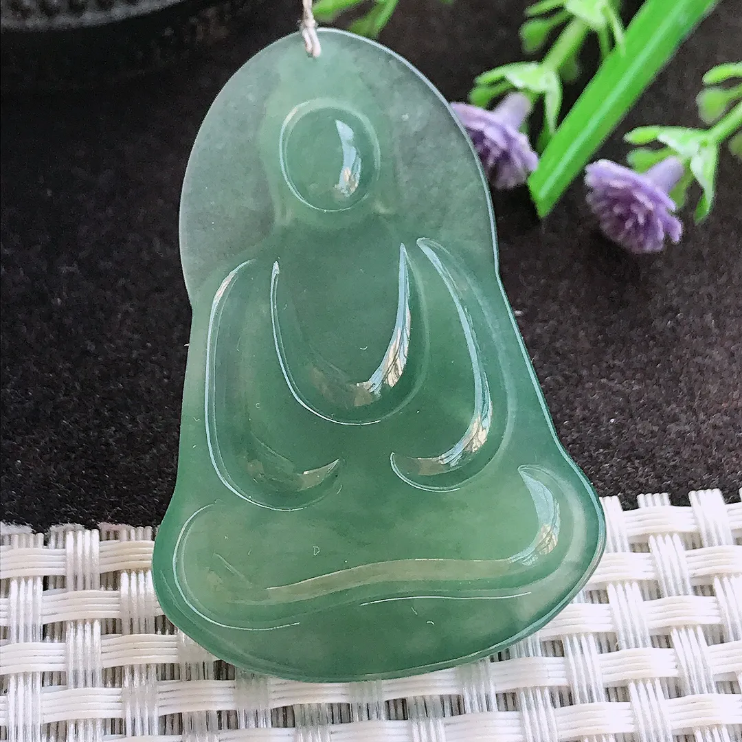 实拍A货翡翠49/34/5.6老坑冰胶果冻满色蓝韵素衣观音吊坠翡翠玉牌挂件