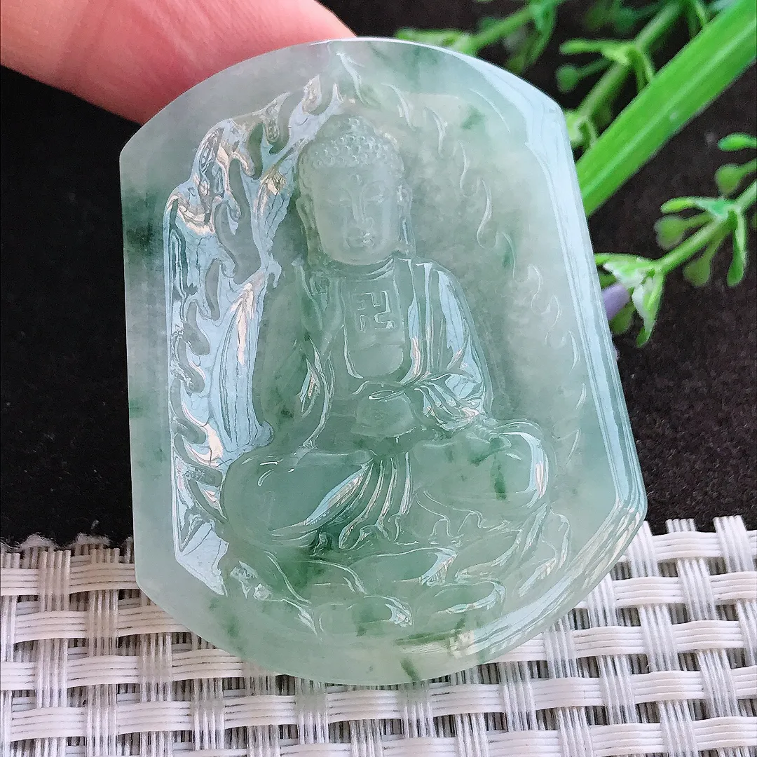 实拍A货翡翠52/41.7/5.6老坑冰胶水灵冰飘花阿弥陀佛吊坠翡翠玉牌挂件