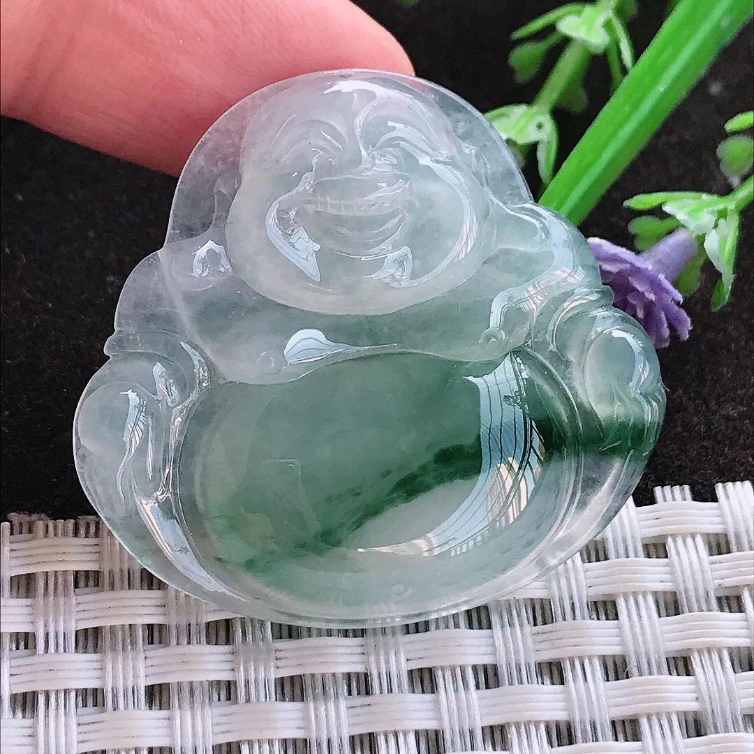 实拍A货翡翠35.8/38.5/5.6老坑冰种飘花佛公吊坠翡翠玉牌挂件