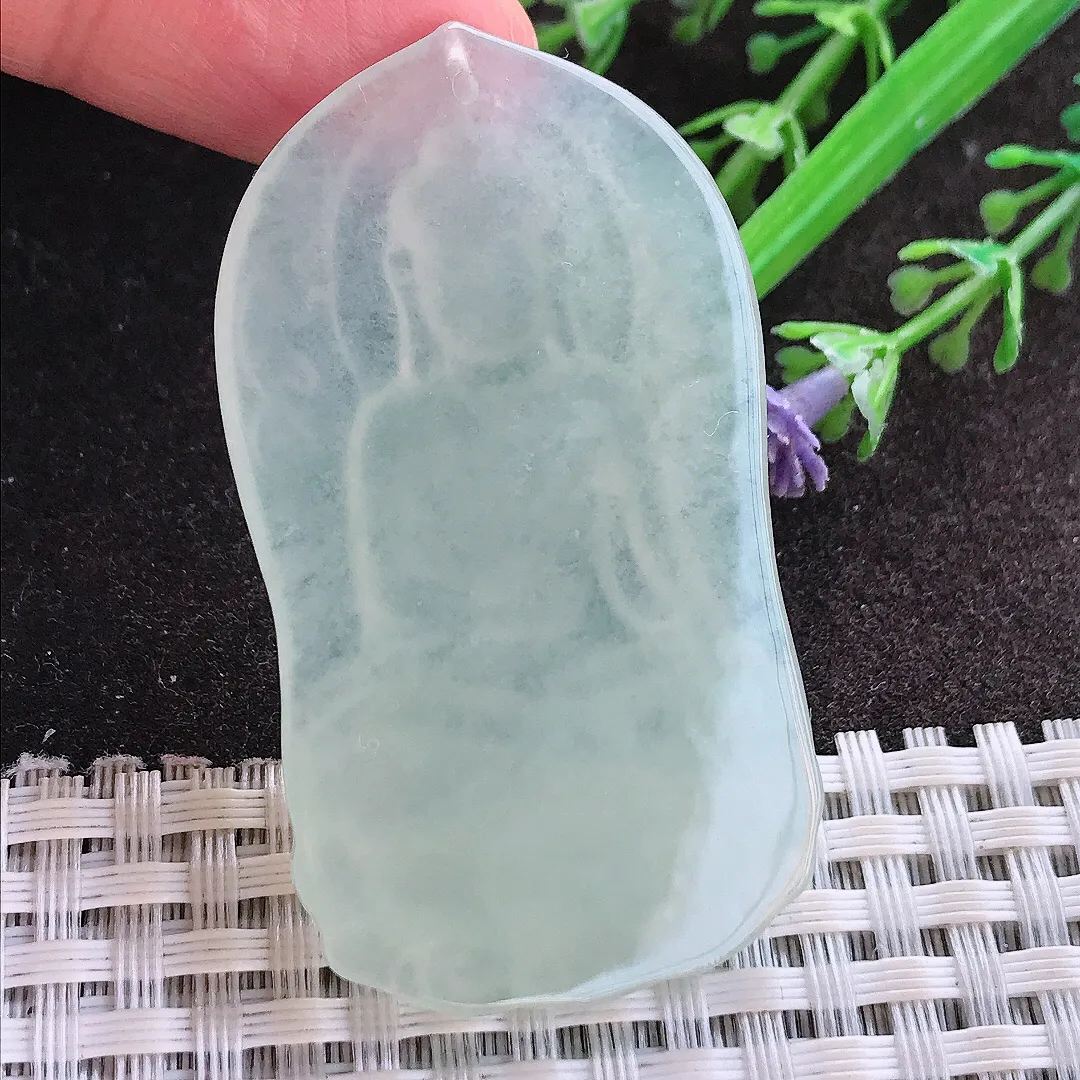 实拍A货翡翠52.2/29.6/5.6老坑冰胶果冻冰晴阿弥陀佛吊坠翡翠玉牌挂件