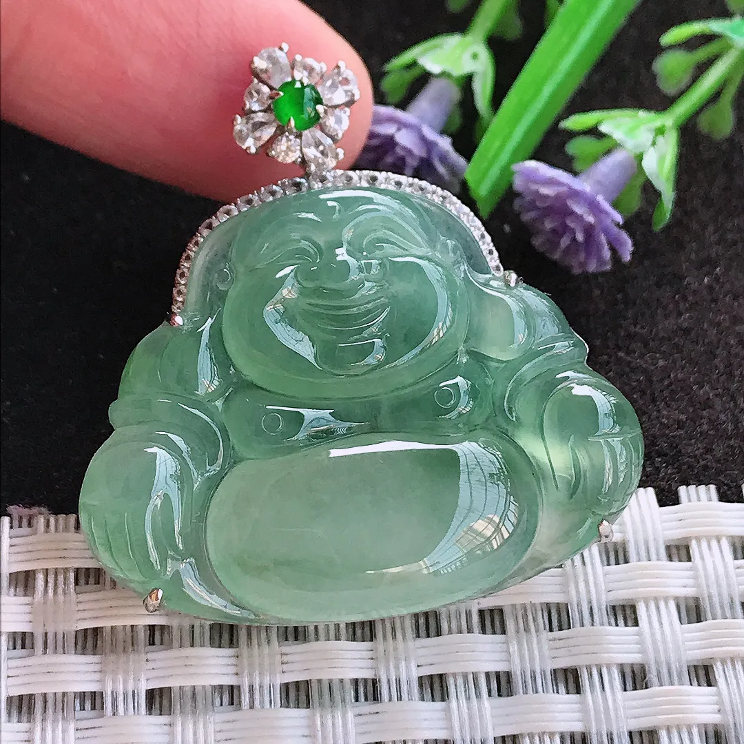 实拍A货翡翠36.8/34.7/7.8老坑18k金镶嵌冰种起胶冰晴满绿佛公吊坠翡翠玉牌挂件