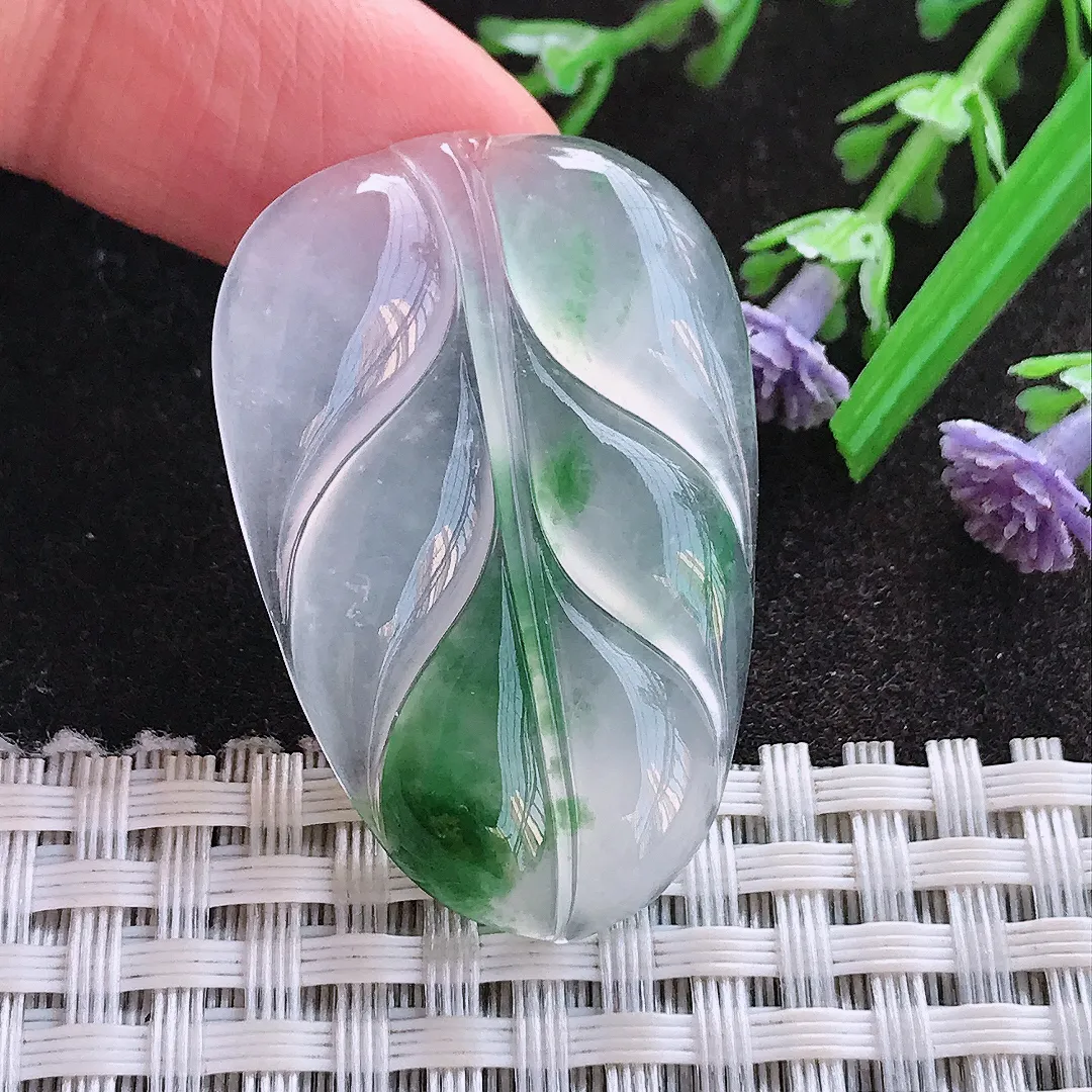 实拍A货翡翠38.5/25.5/4.5老坑冰种果冻胶冰飘花叶子镶嵌件吊坠翡翠玉牌挂件