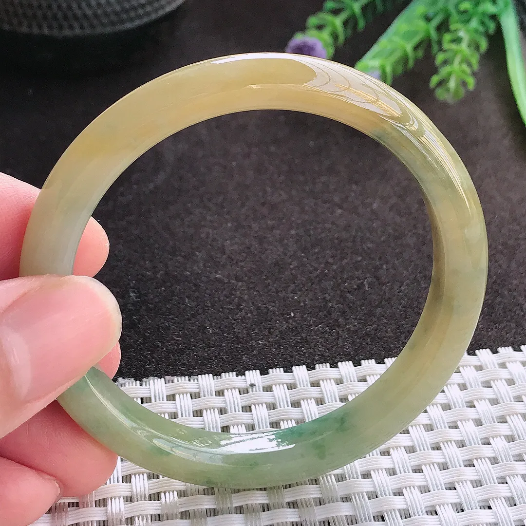 实拍A货翡翠53.5/8.7/7.3老坑精美冰润黄翡飘花手镯翡翠玉镯平安镯