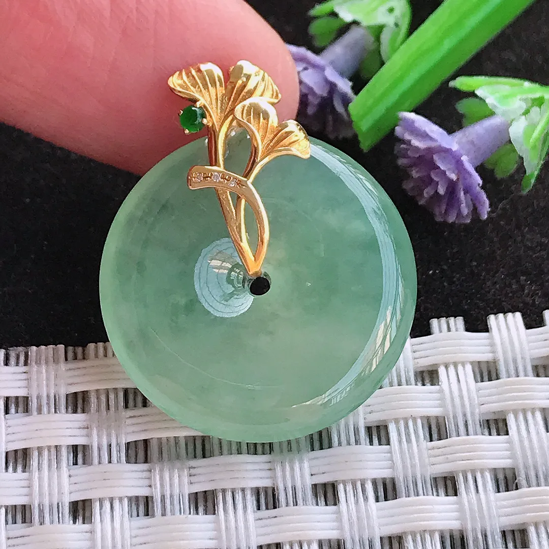 实拍A货翡翠22/4.6老坑18k金镶嵌冰晴甜绿色平安扣吊坠翡翠玉扣挂件