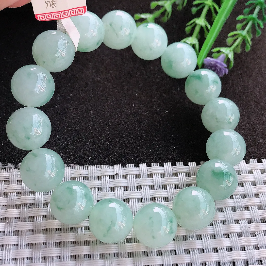 实拍A货翡翠12.6/16颗老坑冰胶水灵飘花圆珠手链翡翠玉珠手串