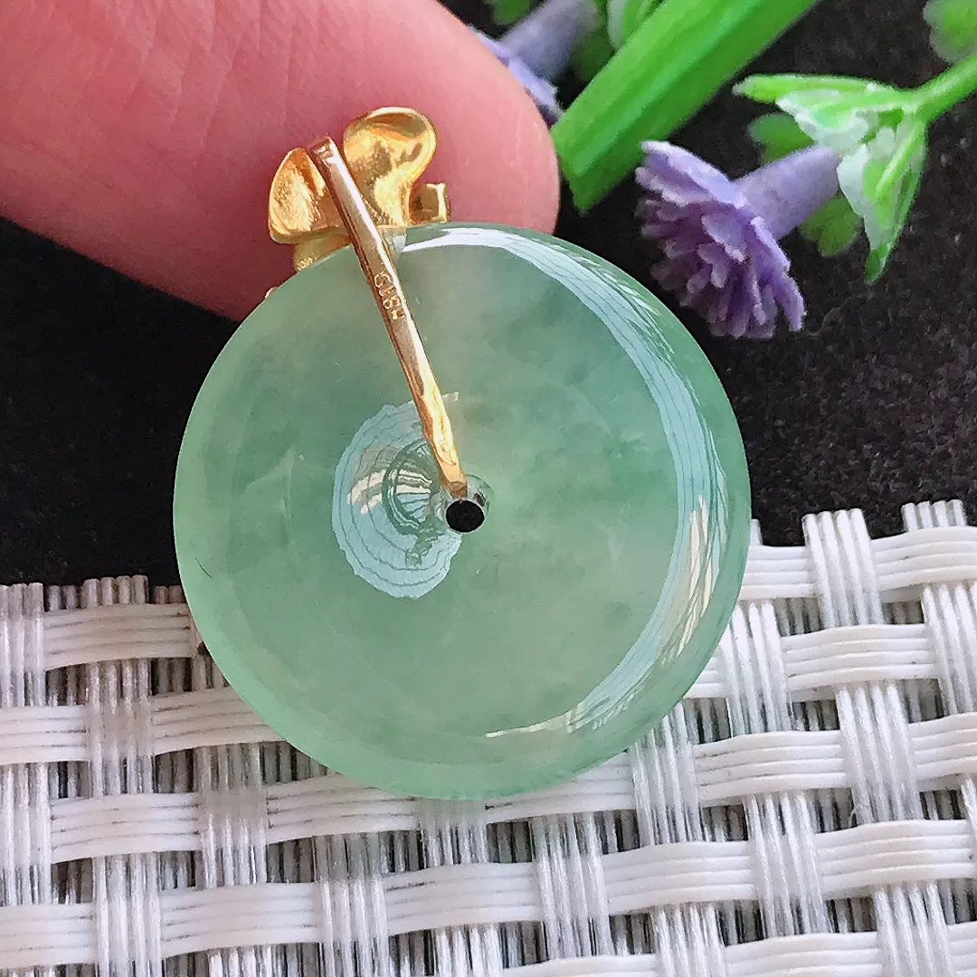 实拍A货翡翠22/4.6老坑18k金镶嵌冰晴甜绿色平安扣吊坠翡翠玉扣挂件