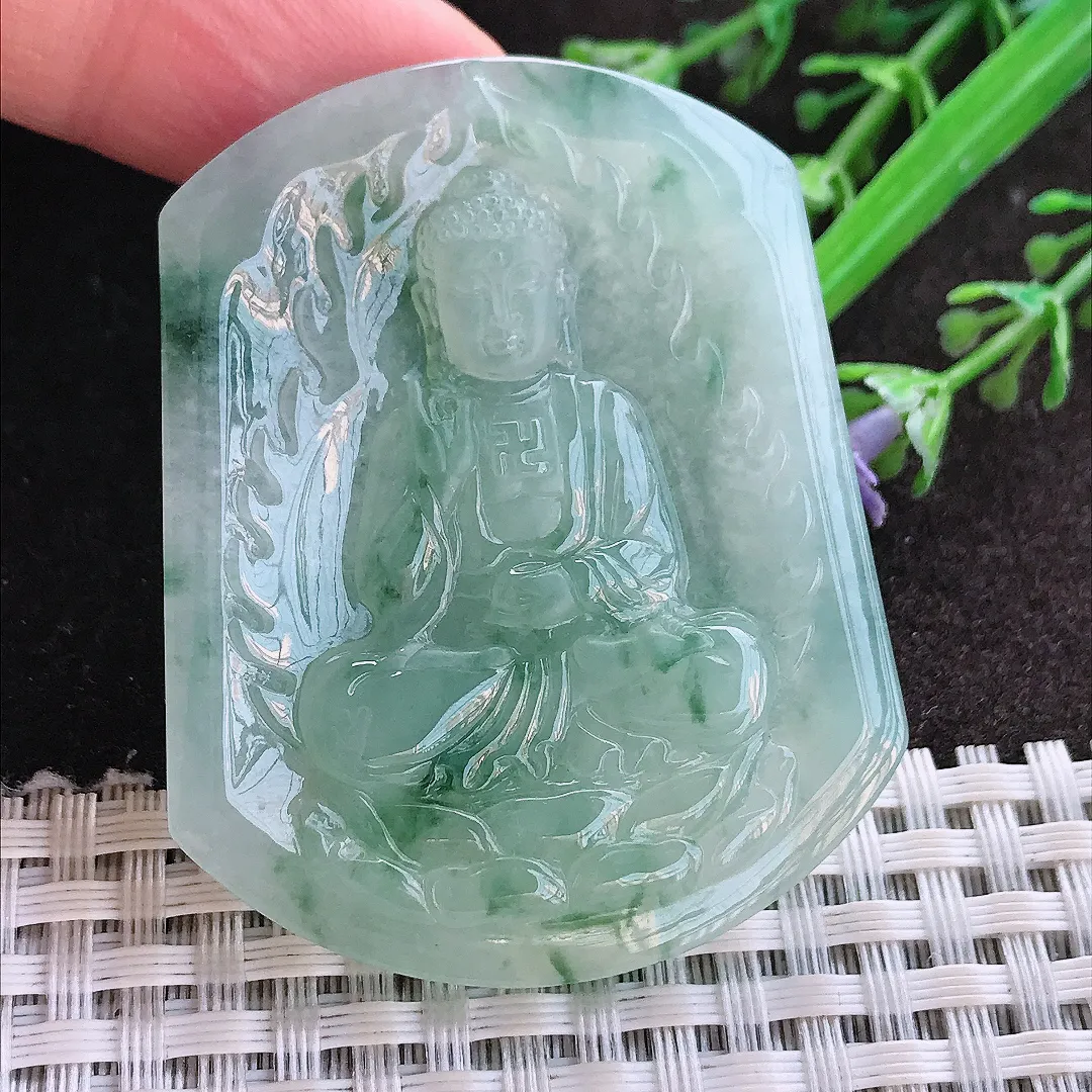 实拍A货翡翠52/41.7/5.6老坑冰胶水灵冰飘花阿弥陀佛吊坠翡翠玉牌挂件