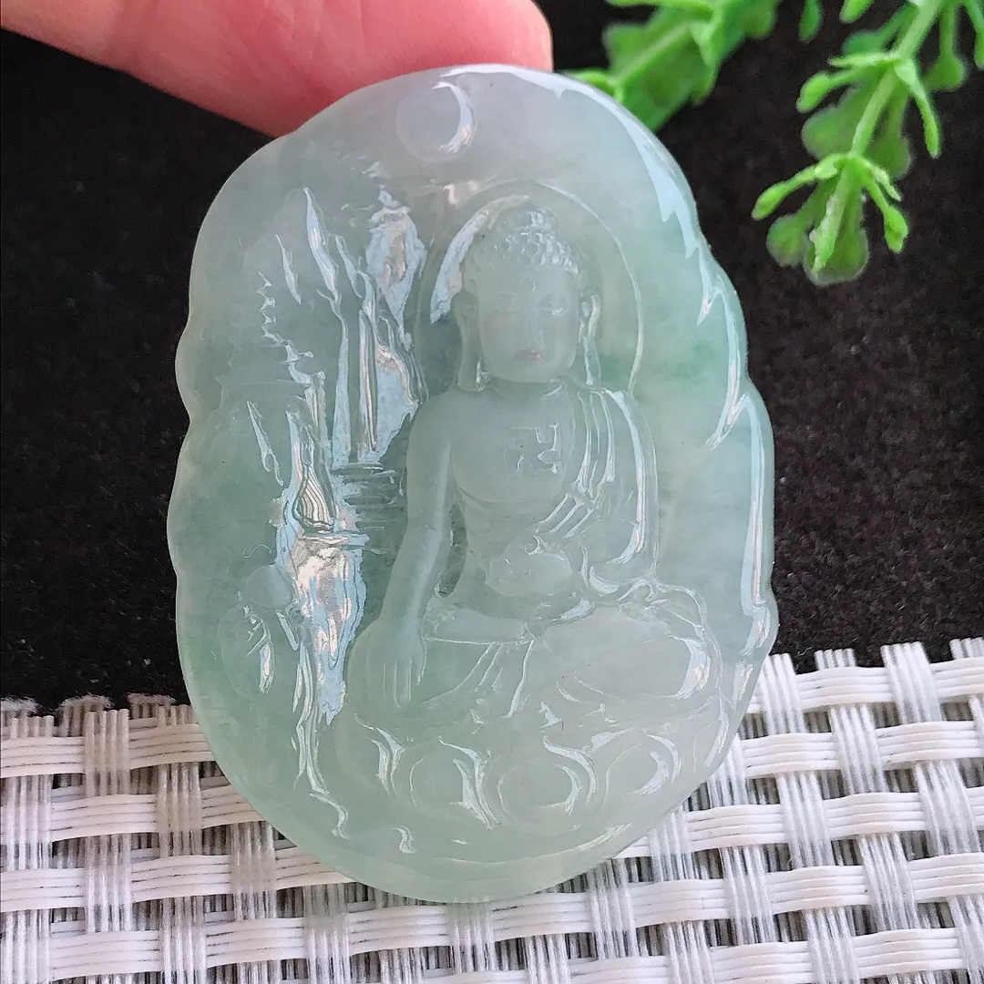 实拍A货翡翠47.8/35.5/5.2老坑冰胶果冻冰晴阿弥陀佛吊坠翡翠玉牌挂件