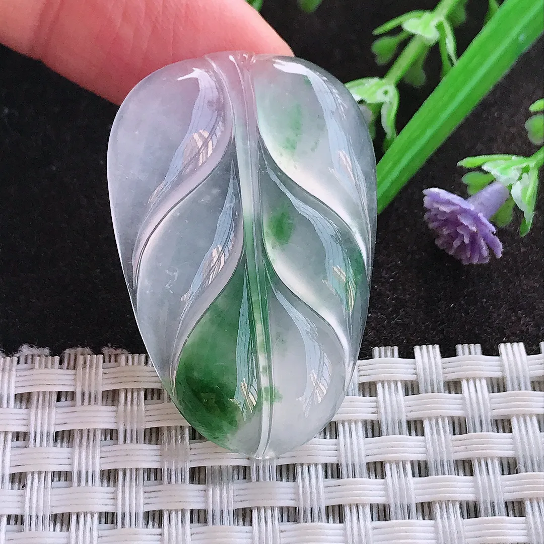 实拍A货翡翠38.5/25.5/4.5老坑冰种果冻胶冰飘花叶子镶嵌件吊坠翡翠玉牌挂件