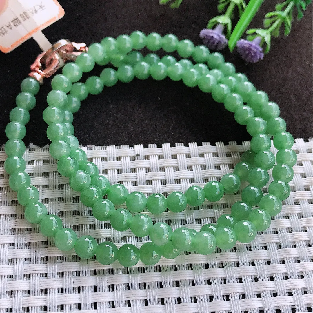 实拍A货翡翠5.7/106颗老坑精美满绿圆珠项链翡翠玉珠