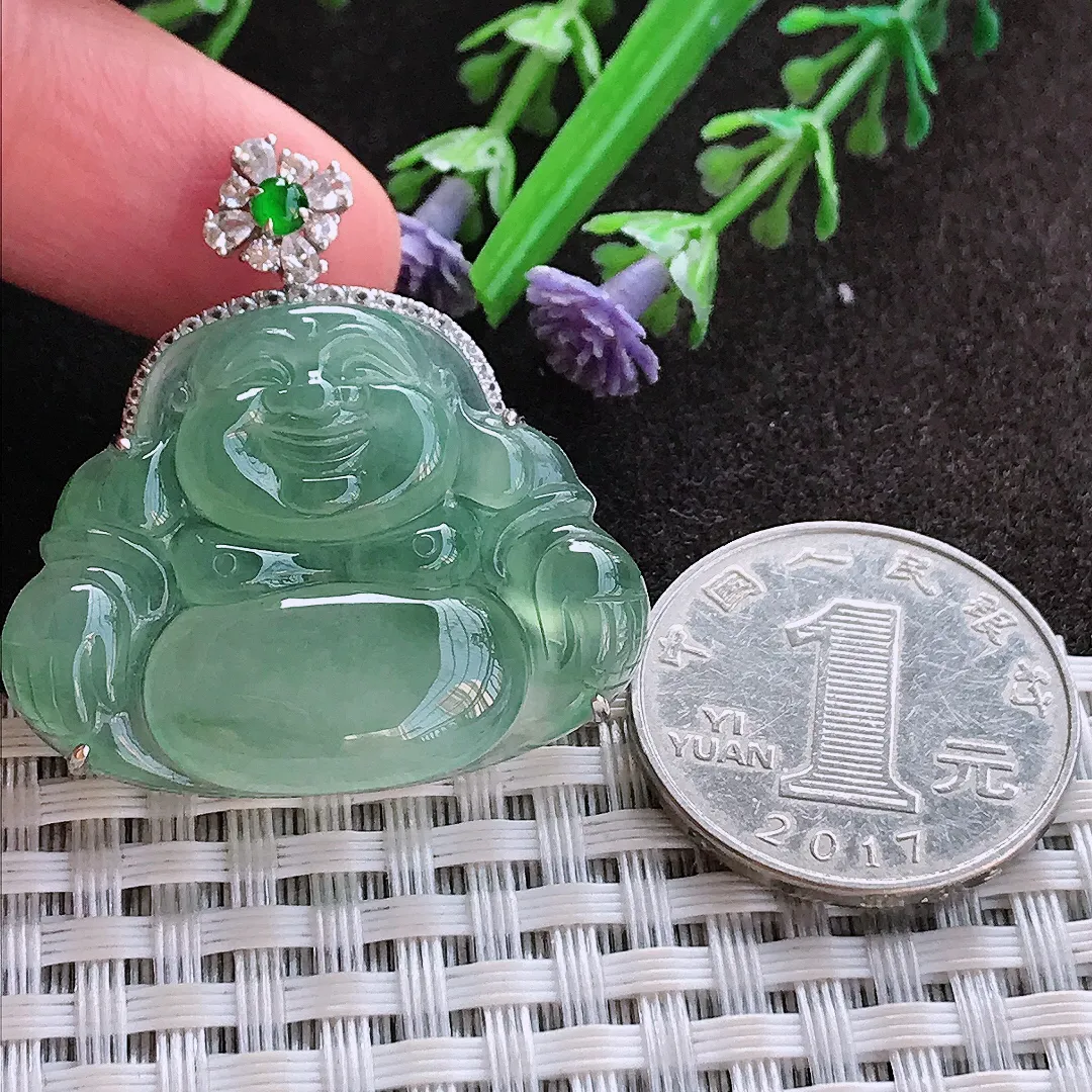 实拍A货翡翠36.8/34.7/7.8老坑18k金镶嵌冰种起胶冰晴满绿佛公吊坠翡翠玉牌挂件