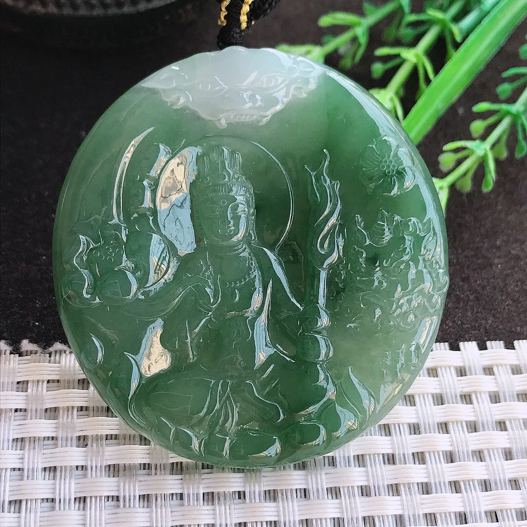 实拍A货翡翠54/5.6老坑冰胶果冻特色双彩虚空藏菩萨吊坠翡翠玉牌挂件