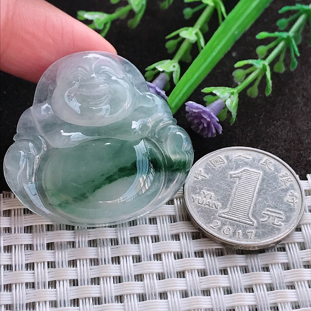 实拍A货翡翠35.8/38.5/5.6老坑冰种飘花佛公吊坠翡翠玉牌挂件